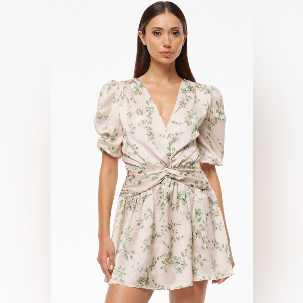 MISA‎ Los Angeles Floral Twist Front Mini Dress XS Puff Sleeve Ruched Waist
